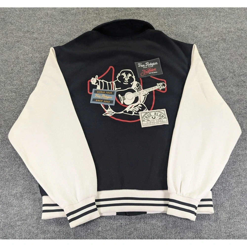 True Religion Collared Patch Fleece Varsity Jacket XL Black White 700581 New